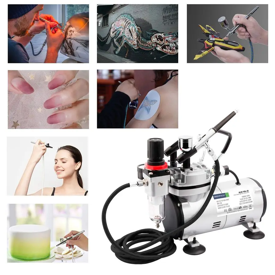 Kit de aerógrafo con compresor AS182K Kit de inicio básico con manguera de aire, cepillos de limpieza y pinturas de prueba para Hobby, tatuaje corporal, Mod