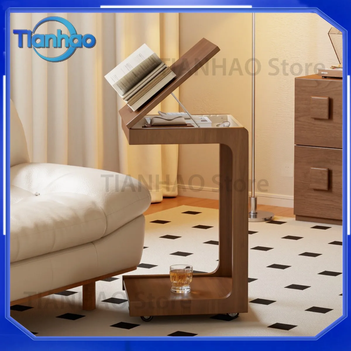 Drop Shipping Solid Wood Sofa Side Table Movable Small Coffee Table for Living Room Bedroom Multi Functional Flip Top Bedside