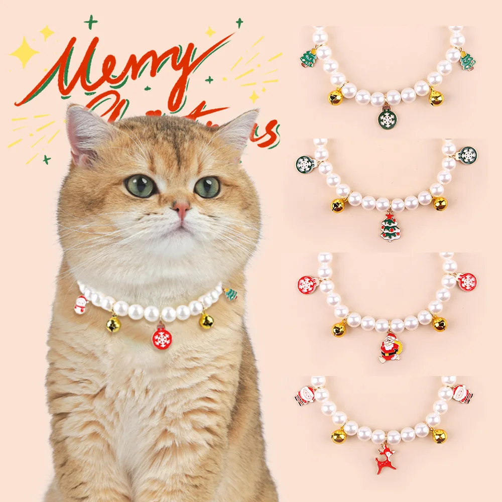 Pet Christmas Bell Collar Handmade Pearl Necklace Cute Cat Neck Collar Pet Accessories