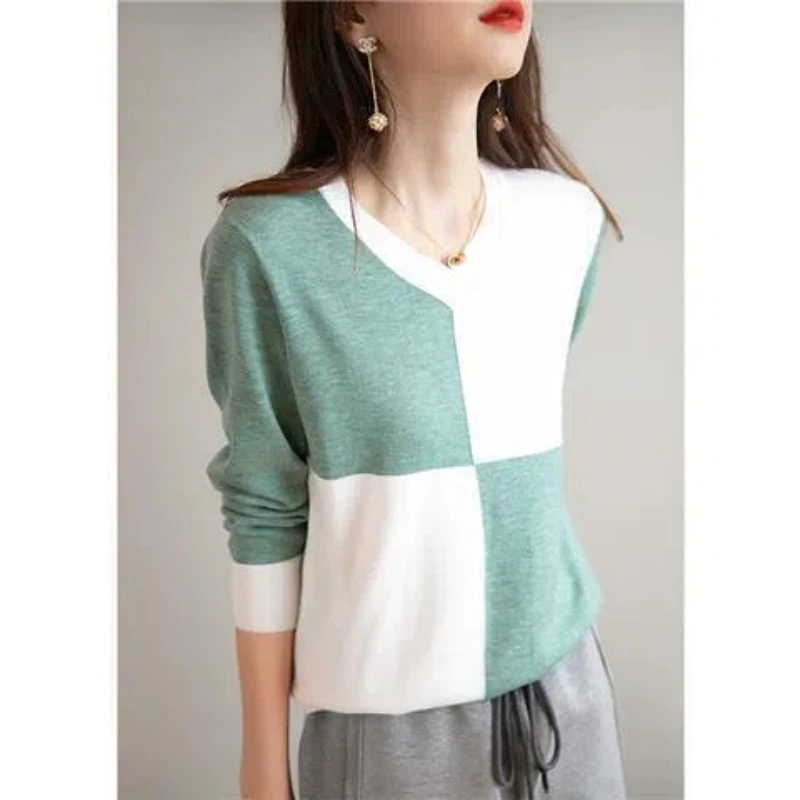 Spring and Autumn Women\'s 2024 New Splicing V-neck Contrast Color Fashion Loose and Versatile Casual Long Sleeve Knitted Tops