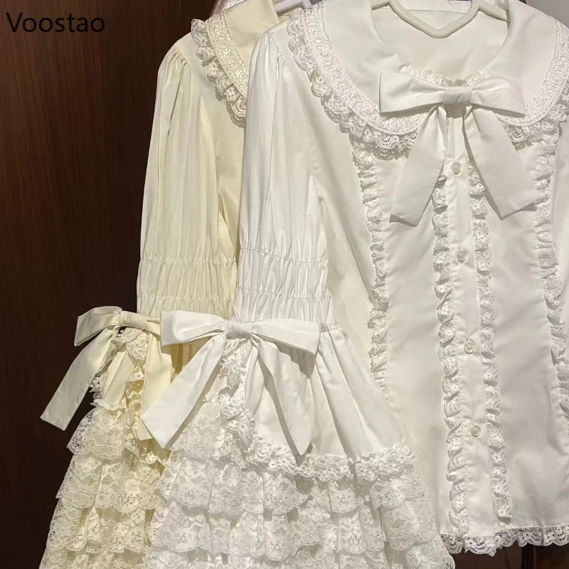 Victorian Vintage Lolita Style Shirts Women Gothic Y2k Bow Lace Ruffle Flare Long Sleeve Blouse Japanese Sweet Elegant Cute Tops