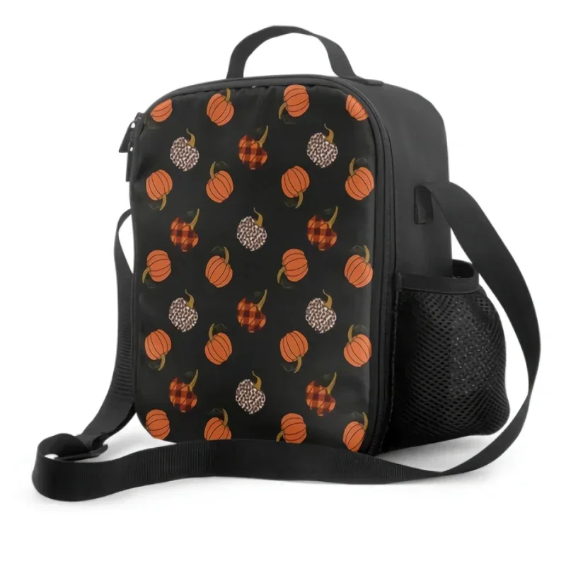 Leopard Orange And Buffalo Plaid Pumpkin Lunch Box Thanksgiving Insulated Lunch Bag with Water Bottle Holder Cooler Bag for Kids