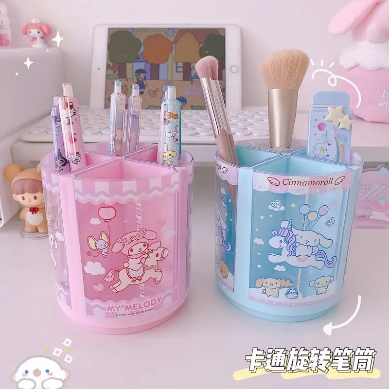 Sanrio Cinnamoroll Melody Kawaii Girly Heart Plastic Rotating Pen Holder Anime Cute Desktop Plastic Miscellaneous Bucket Gift