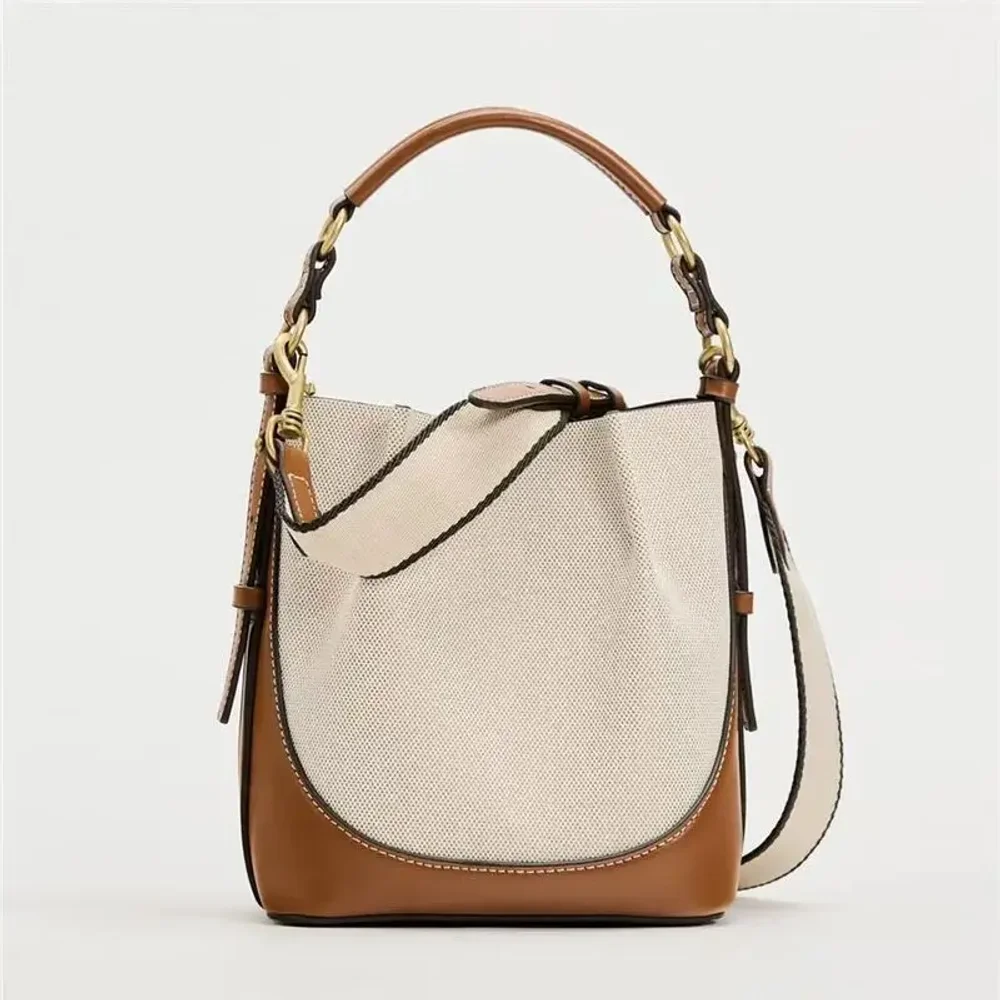 

Fashion New Women's Bag Brown Korean Style Drawstring Portable Crossbody Wide Drawstring Bucket Bag