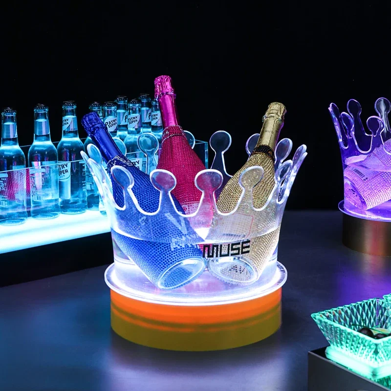 

Acrylic Champagne Ice BucketCrown DesignEasy CleanLED GlowingCooling PC Beer BasketLight Luxury Bar Beverage Holder New Arrivals