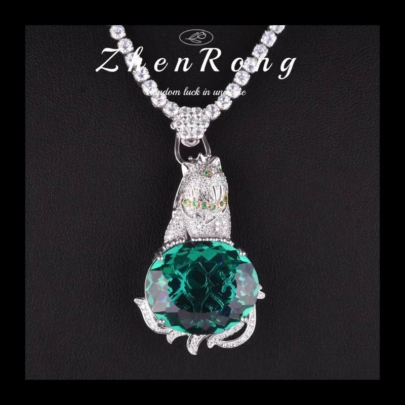 Temperamento de moda, colgante de Aguamarina de simulación de quilates grande, exquisito collar de gato verde Fanta Paraiba con incrustaciones de diamantes para mujer