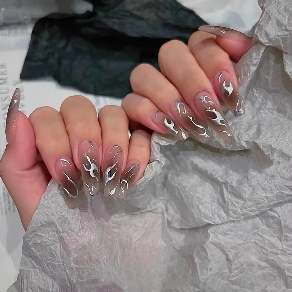 24 pçs metálico prata chama unhas falsas caixão longo cobertura completa artificial unhas falsas 3d bronzeamento linha cromo imprensa em unhas