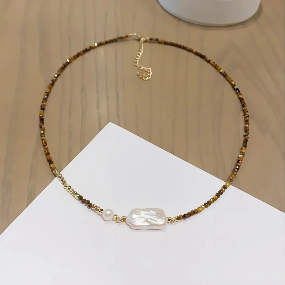 

Natural Tiger-eye Stone Necklace with Square Baroque Pearls Retro Women Necklaces Girls Jewelry Girlfriend Gift