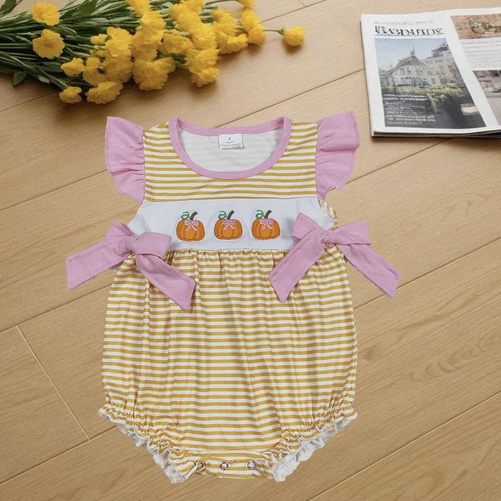 

9.6 Baby Girls Summer Rompers Embroidery Pumpkins Baby Girls Stripe Fall Ruffle Rompers