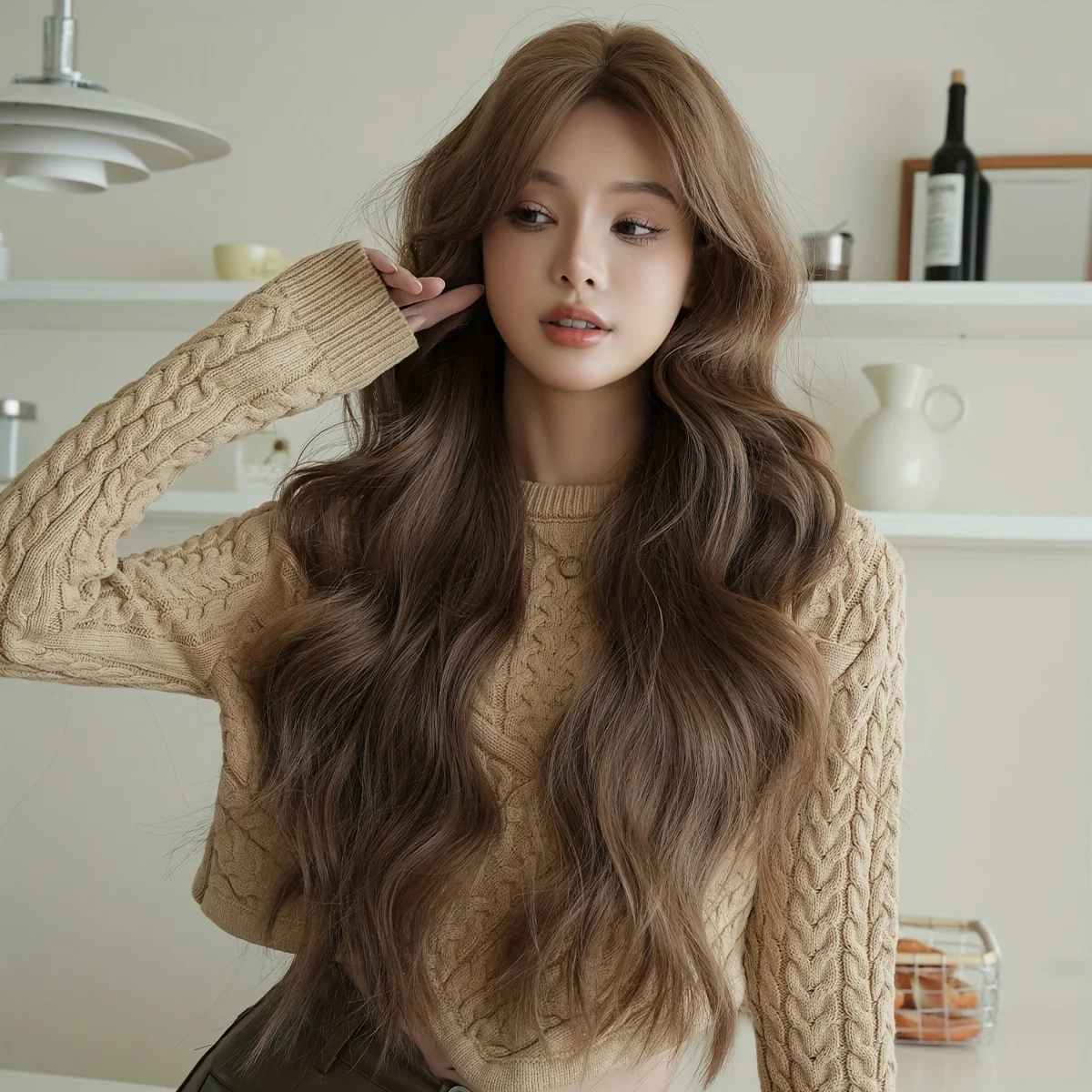 Routine Wigs Long Loose Wave Caramel Brown Wigs for Women Middle Part High Density Synthetic Heat Resistant Wig for Daily Party