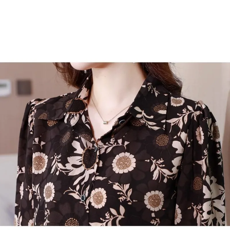 Clothing Turn-down Collar Flower Printing Button Long Sleeve Cardigan Chiffon Shirt Spring Autumn Flattering Office Lady Tops