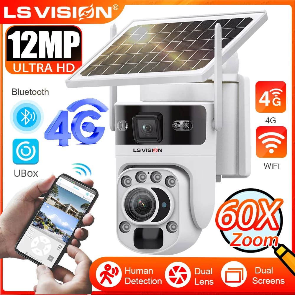 

LS VISION 12MP 4G LTE Solar Camera Dual Lens 60X ZOOM WiFi Security Camera PTZ Human Detection Auto Tracking Night Vision Ubox