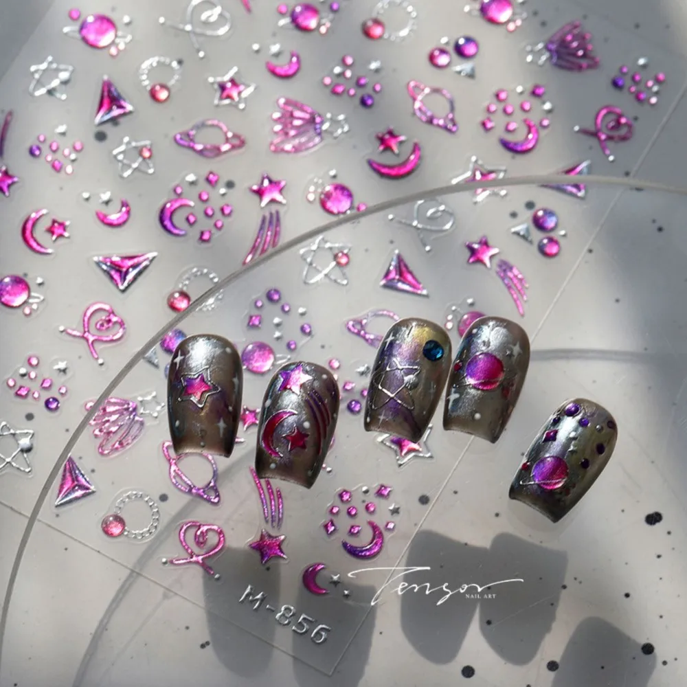 1PCS 5D 엠보싱 별 달 행성 네일 스티커 보라색 별빛 하늘 추상 네일 아트 데칼 셀프 접착 드림리 매니큐어 슬라이더