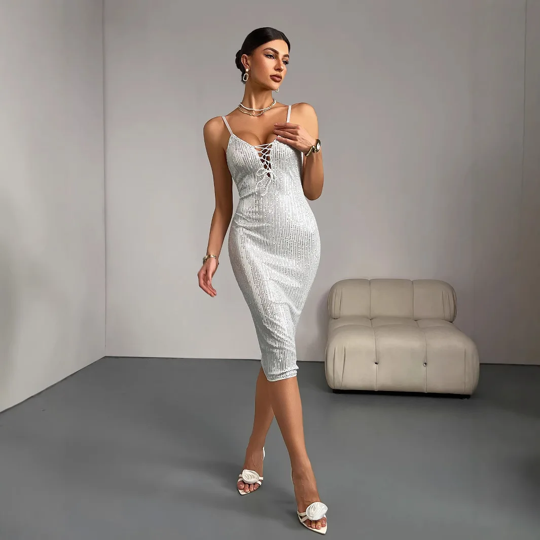 

Solid Color Sequin Sexy Hip Hugging Nightclub Women's Cocktail Party Dress African Wedding 2025 Summer Dress Robe Vestido Women