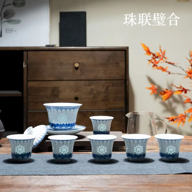Four famous porcelain blue and white exquisite porcelain, kung fu tea set, souvenir tea set