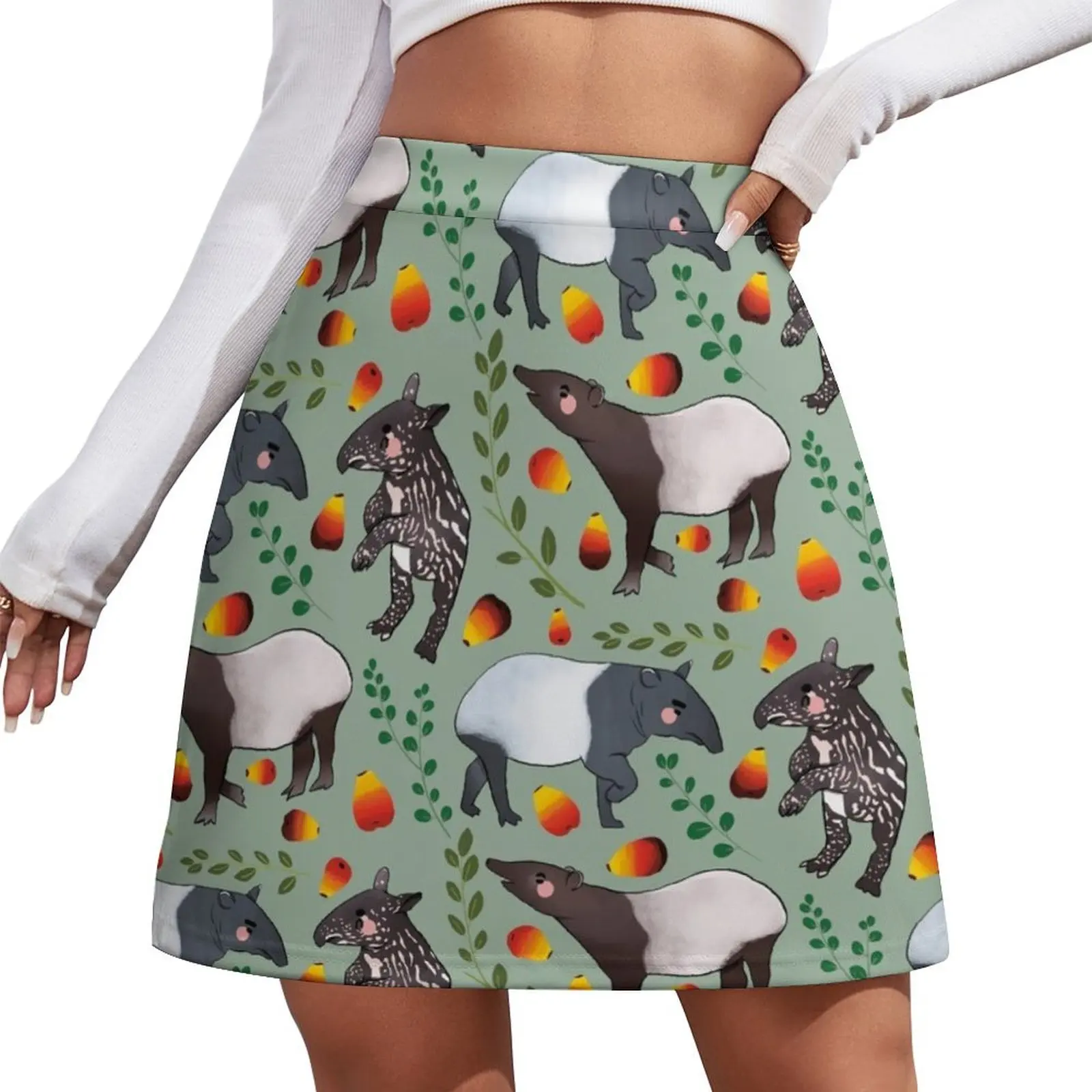 Black Tapir - Cute Black and Green Digital Illustration Animal Pattern Mini Skirt skirts for womens new in external clothes