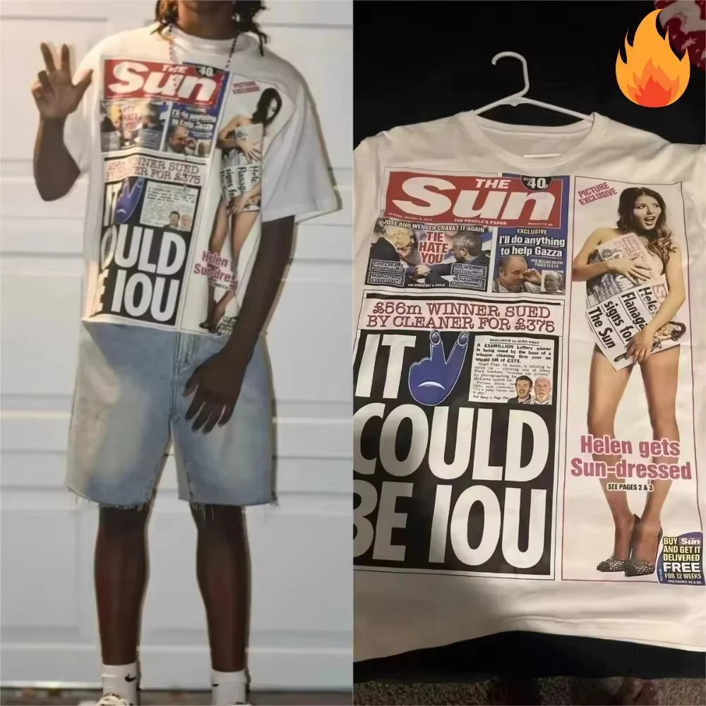 2026 Summer Vintage Oversized Graphic T‑Shirt For Adults Kids Y2K Newspaper Collage Art Loose Short Sleeve Street Tee