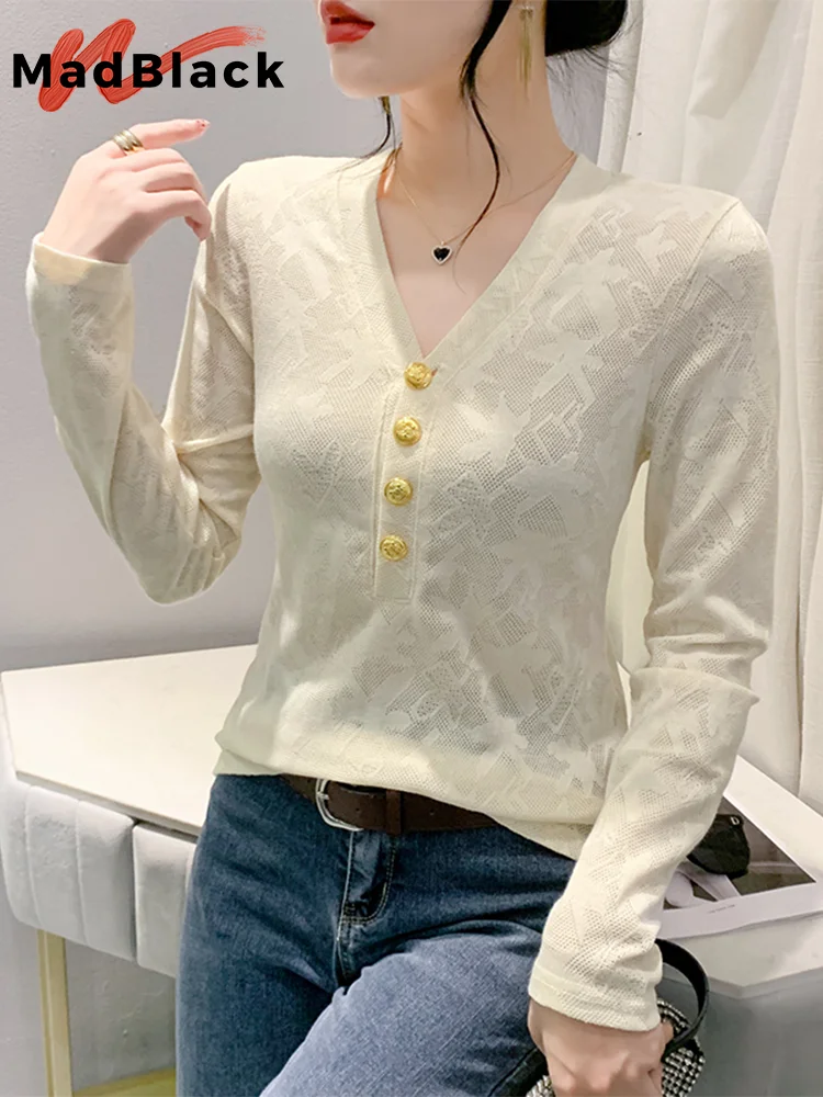 

MadBlack European Clothes Tshirt Women V Neck Jacquard Button Slim Knit Tops Long Sleeve Elastic Tee Winter Fall T30034JM