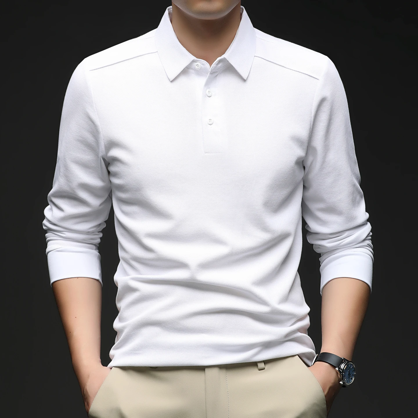 Men's Long Sleeve Polo Shirt Spring Autumn Men Business Casual Polo Shirts Men Solid Color Breathable Middle Aged Basic Top
