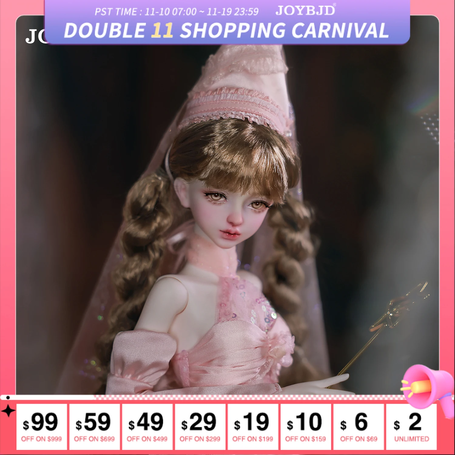 

Joybjd 1/4 Garnet Bjd Doll FullSet Fantasy Romantic Court Pink Witch Fairy-tale Godmother Birthday Gift