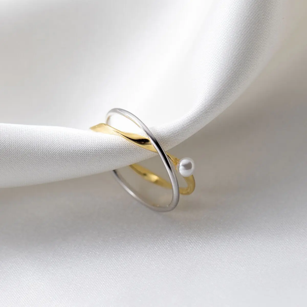 Women's 925 Sterling Silver Gold Cross Pearl Adjustable Ring