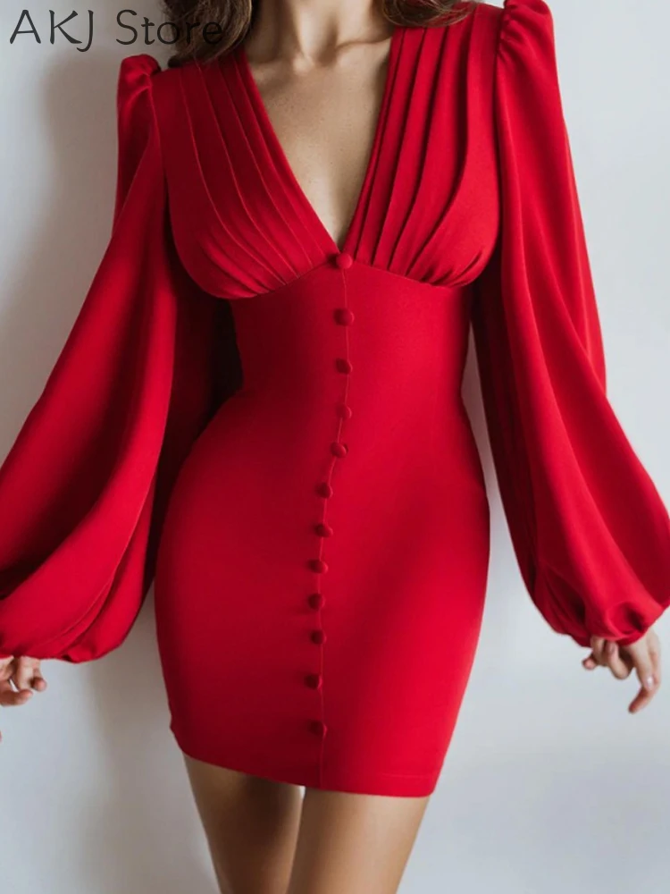 Women Sexy Button Lantern Sleeve Bodycon Dress