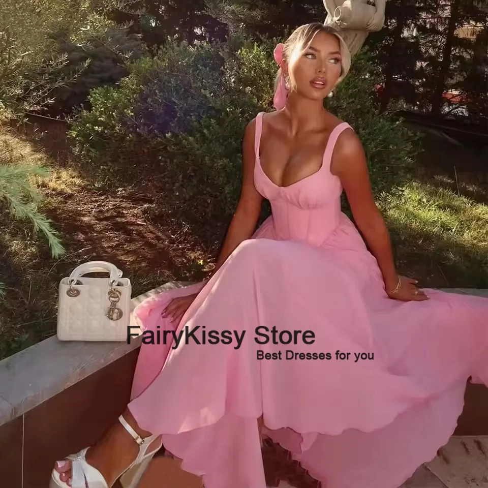 FairyKissy Sexy Blush Pink A-Line vestidos de fiesta de noche tirantes finos sin tirantes árabe mujeres vestidos de fiesta de boda personalizados