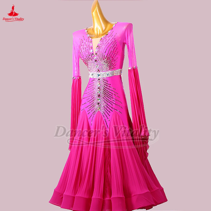 Moderne dans Internationale kampioenschap Rose jurk met lange mouwen High-end Foxtrot Waltz kostuum uitvoeren en wedstrijdkostuum aanpassen