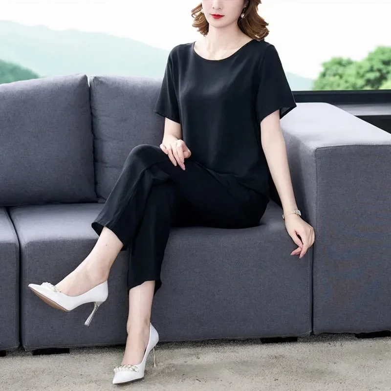 جديد عادية بلون قصيرة الأكمام الكاحل طول السراويل 2 قطعة مجموعة منتصف العمر الأم الزي القطن الحرير دعوى الصيف المرأة مجموعات #5