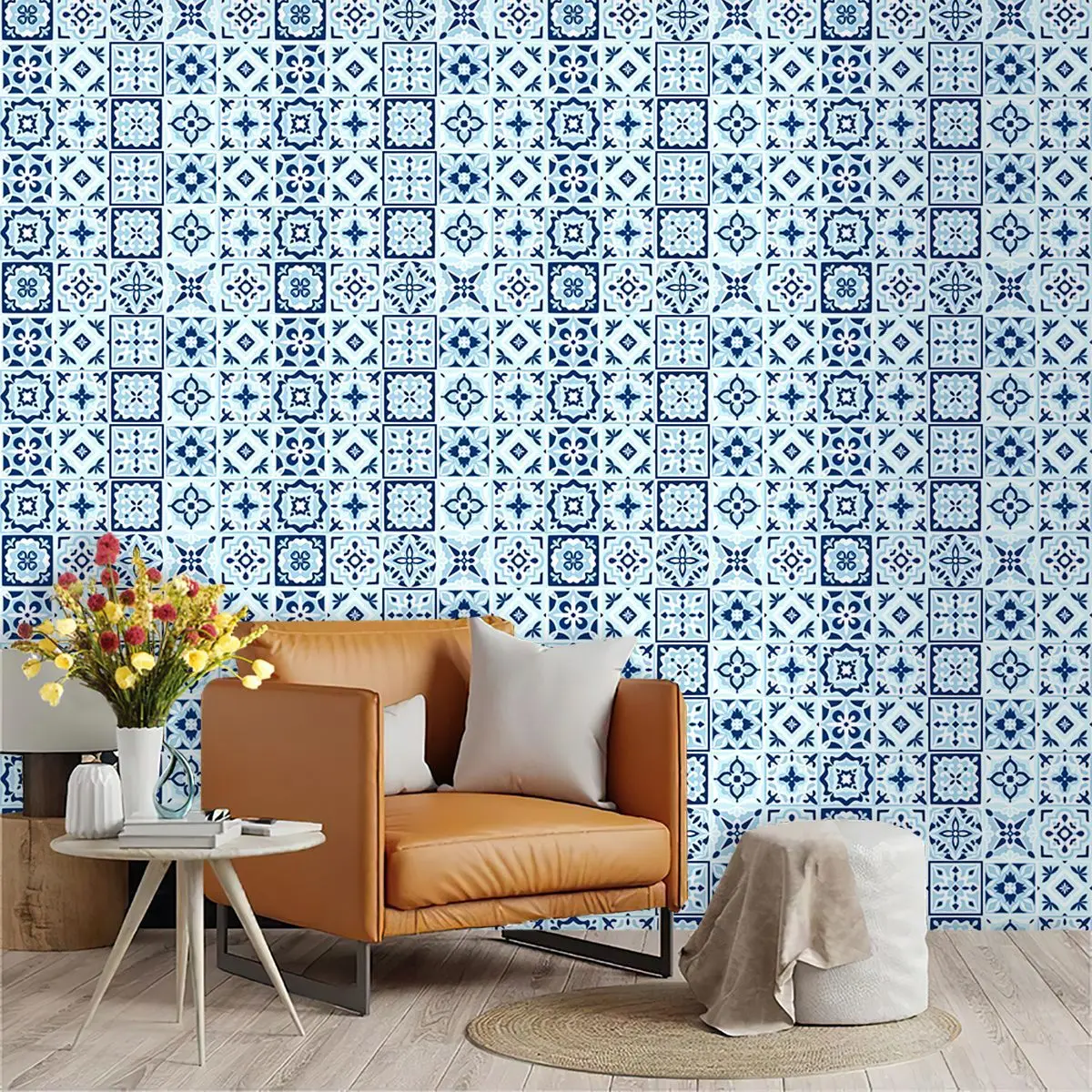 Boho Contact Paper Blue Mediterranian Tile Peel and Stick Removable Waterproof Self Adhesive Kitchen Backsplash Vinyl Wallpaper