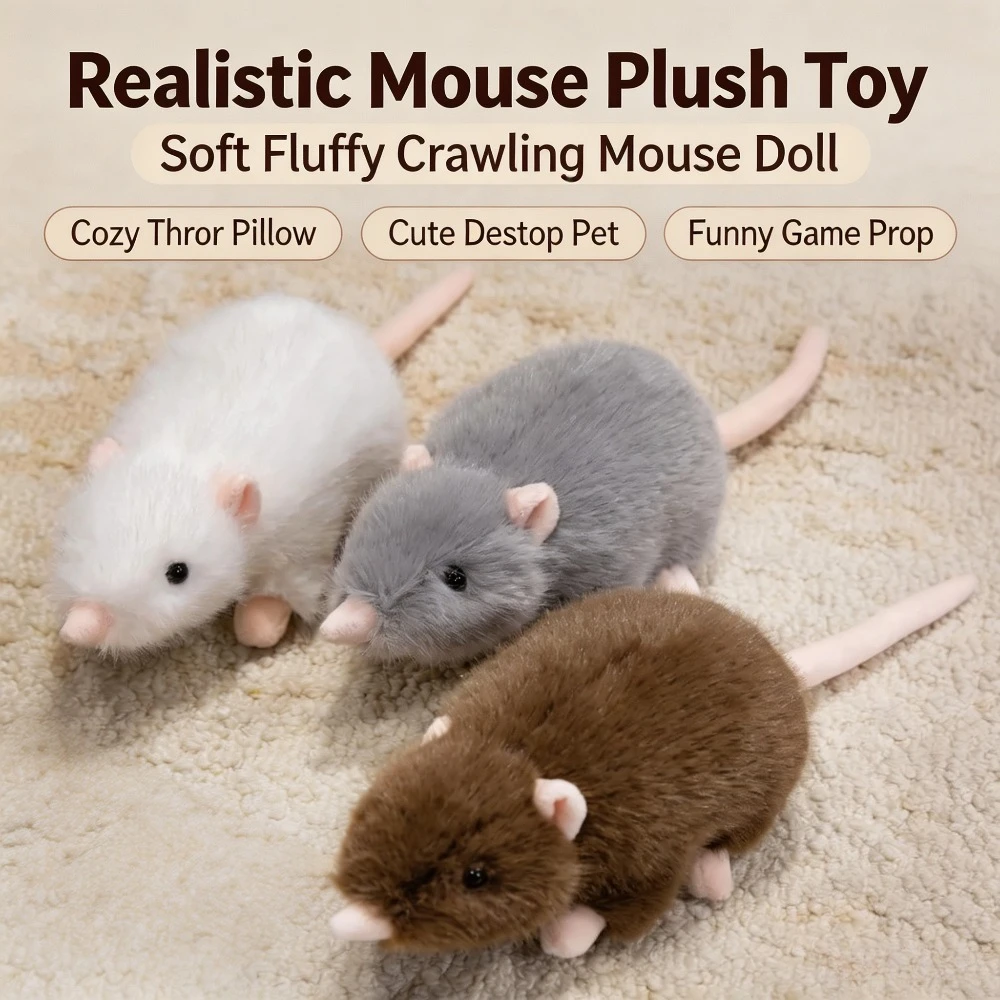 Realistic Mouse Plush Toy Soft Fluffy Crawling Mouse Doll Cozy Throw Pillow Cute Desktop Pet Funny Game Prop