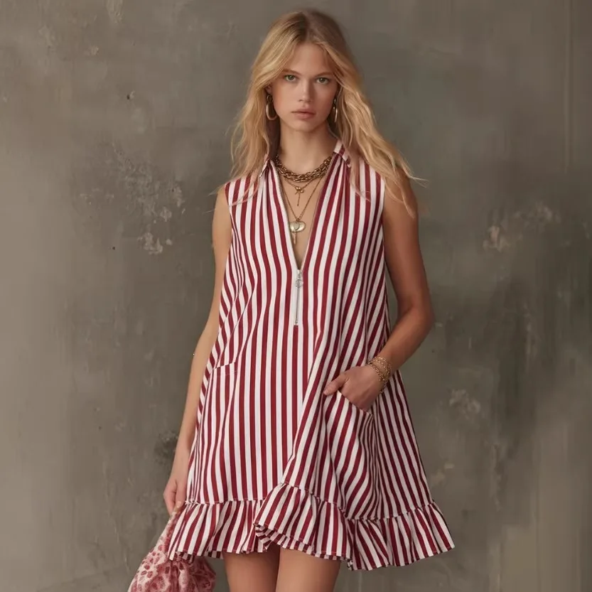 Damen ärmelloses Minikleid mit Reißverschluss und V-Ausschnitt, vertikal gestreift, Rüschensaum, A-Linie, lockeres Kleid mit Taschen, Sommer-Freizeitkleider