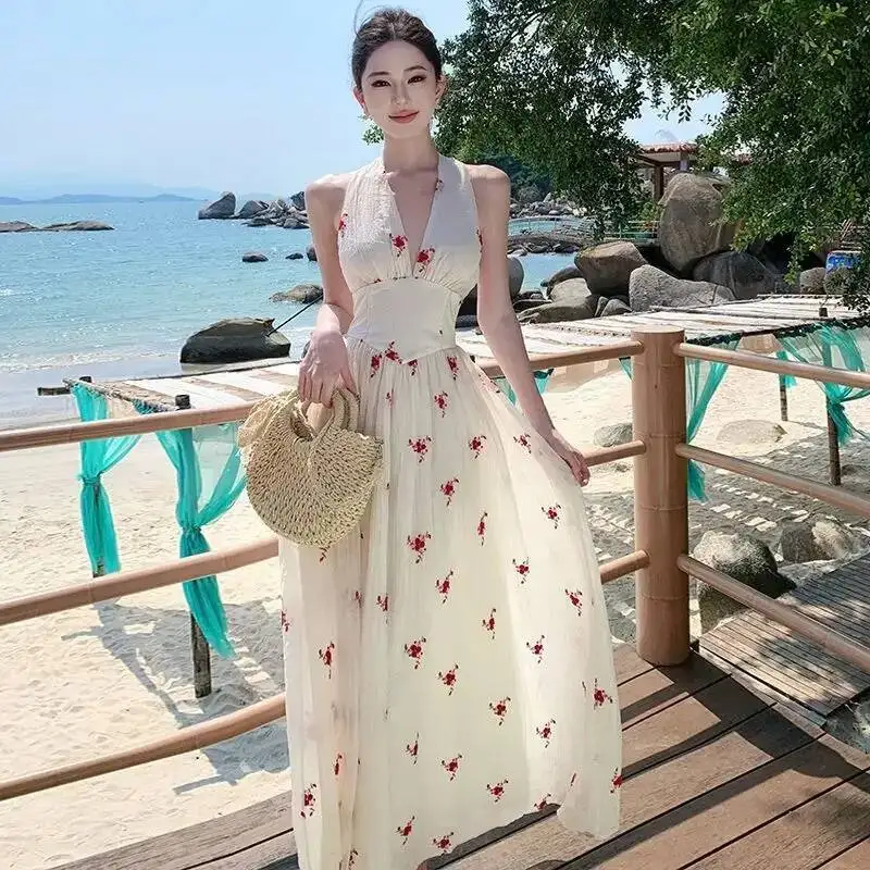 

Slimming Pure Desire Vacation Style Off Shoulder Waist Cinched Summer New Sweet Cute Long Women's Clothing Dress