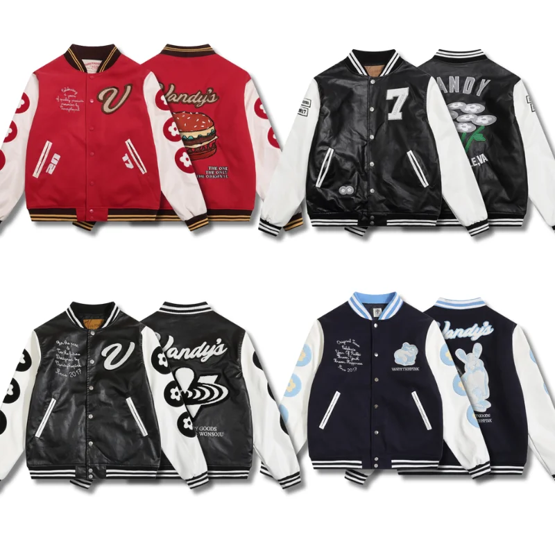 

Autumn Winter Vandythepink Jackets PU Leather Coats High Quality Men Women Baseball Uniform Streetwear