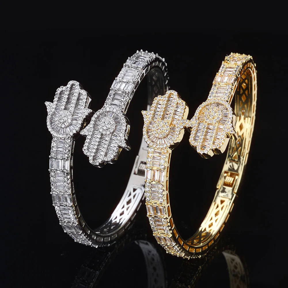 

New Arrived Hot Selling Bracelet Hip Hop Men Women Jewelry Full Paved 5A Cubic Zirconia CZ hamsa Hand Charm Bangle