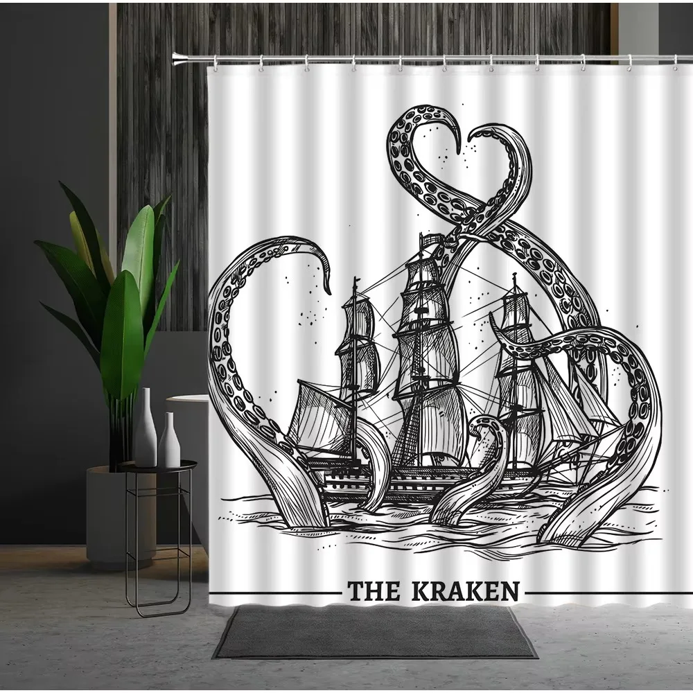 Vintage Black White Octopus Kraken Pirate Ship Shower Curtain Sea Monster Tentacle Sketch Nautical Waterproof Fabric Bathroom Cu