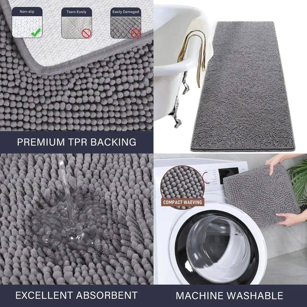 

Soft Plush Chenille Bath Mat, 24 x 70, Non-Slip, Washable, Gray Shaggy Rug for Bathroom Shower