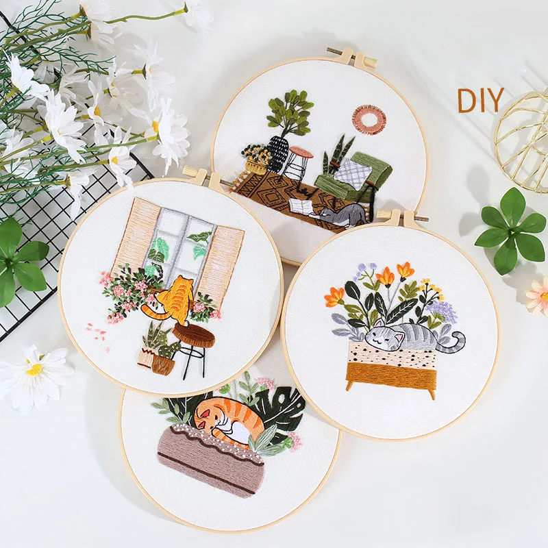 Embroidery Starter Kit with Patterns and Instructions, DIY Adult Beginner Cross Stitch with Pattern Plant Cat