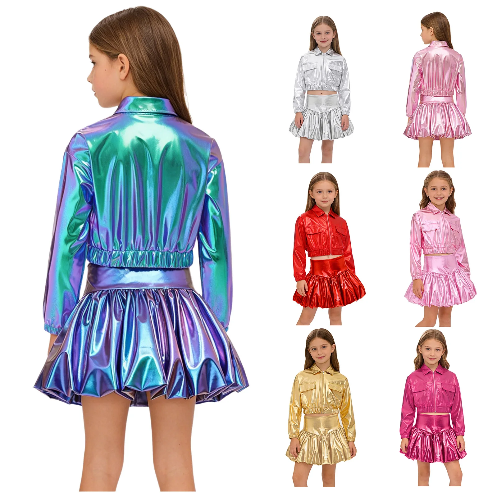 

Детский костюм для джазовых танцев для девочек: металлическая куртка с длинными рукавами и пышная юбка, для школьных выступлений, баскетбола и чирлидинга