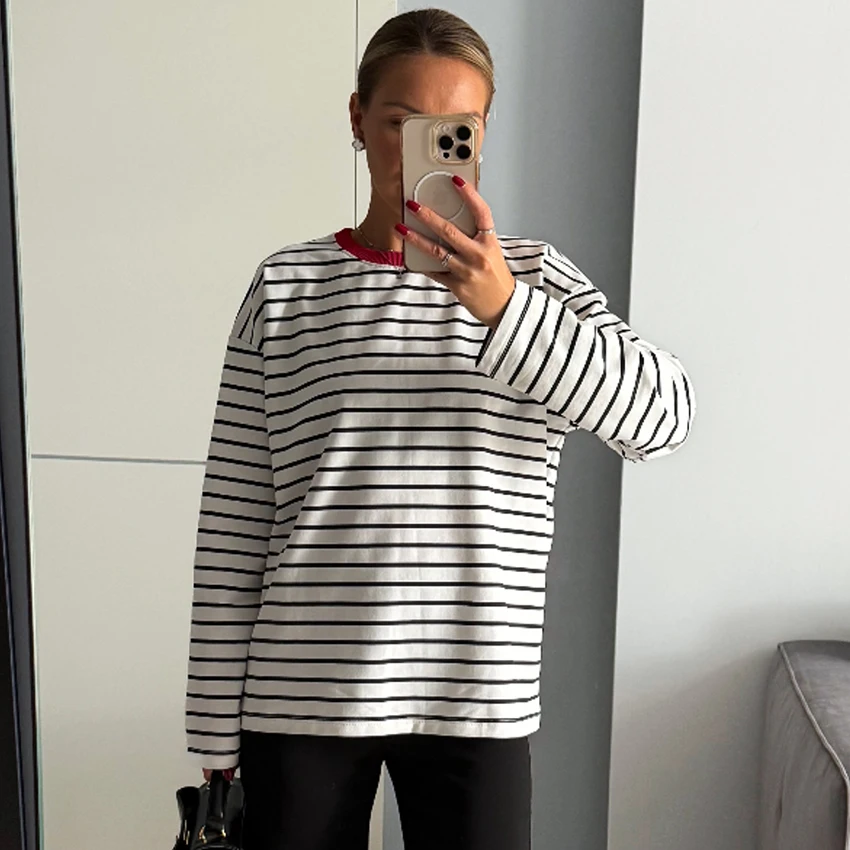 Linad Casual Cotton Stripe O Neck Tees Female 2026 Street Chic Knit Loose Long Sleeve T Shirts Fashion Patchwork Print Tops Lady