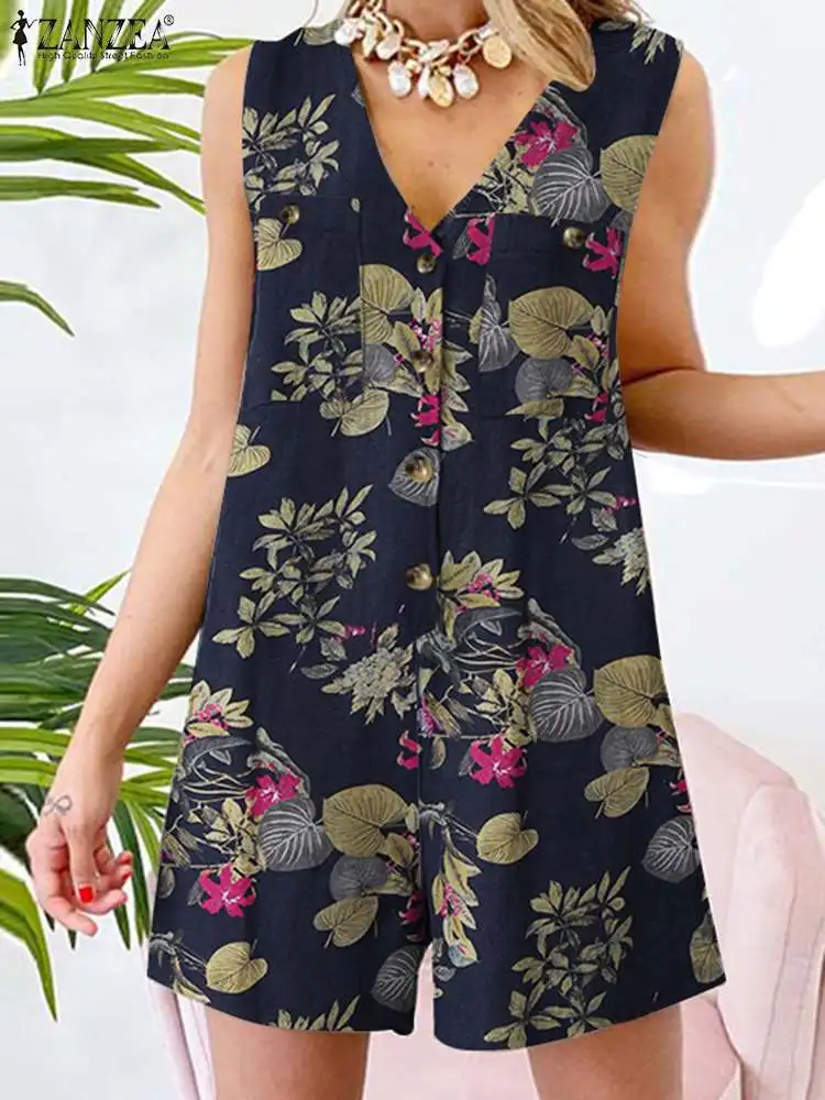 Summer V Neck Sleeveless Rompers ZANZEA Women Bohemian Floral Printed Jumpsuits Female Casual Holiday Playsuits Loose Rompers