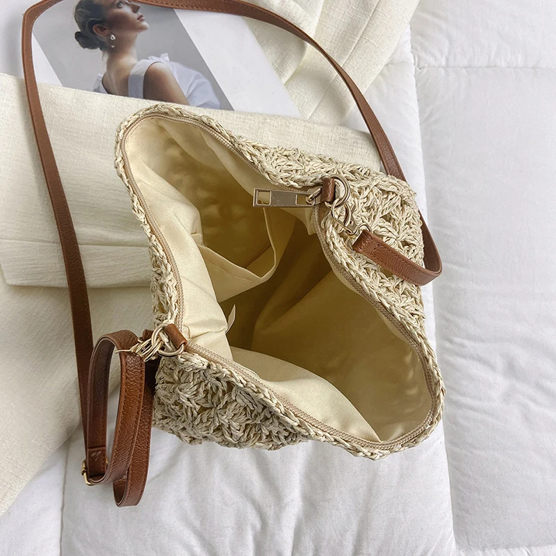 Stroh-Umhängetaschen für Damen, Sommer, gewebte Umhängetasche, Geldbörse, Bast, Strand-Armband, Häkelhandtasche, Geldbörse für Damen – Detail 16