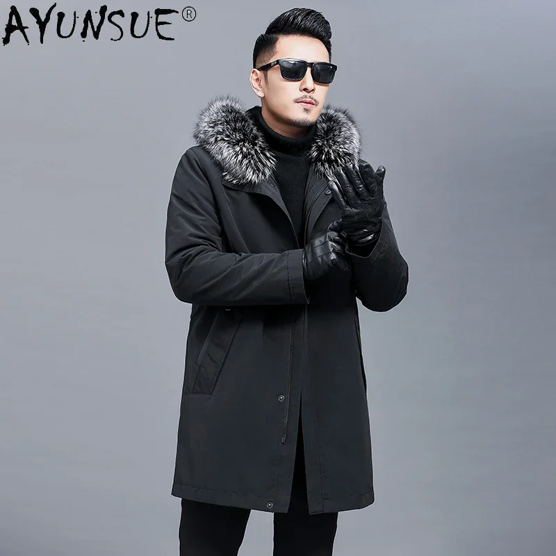 

AYUNSUE New Nautral Fox Fur Collar Winter Rabbit Fur Liner Coat Men Long Warm Hooded Parkas Men's Clothes Veste Homme WPY4434