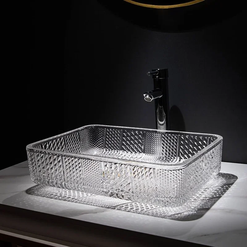 

Plating Die-Casting Art Glass Sink Bathroom Square Crystal Above Counter Basin Bathroom Wash Basin Set Drainage Accessories