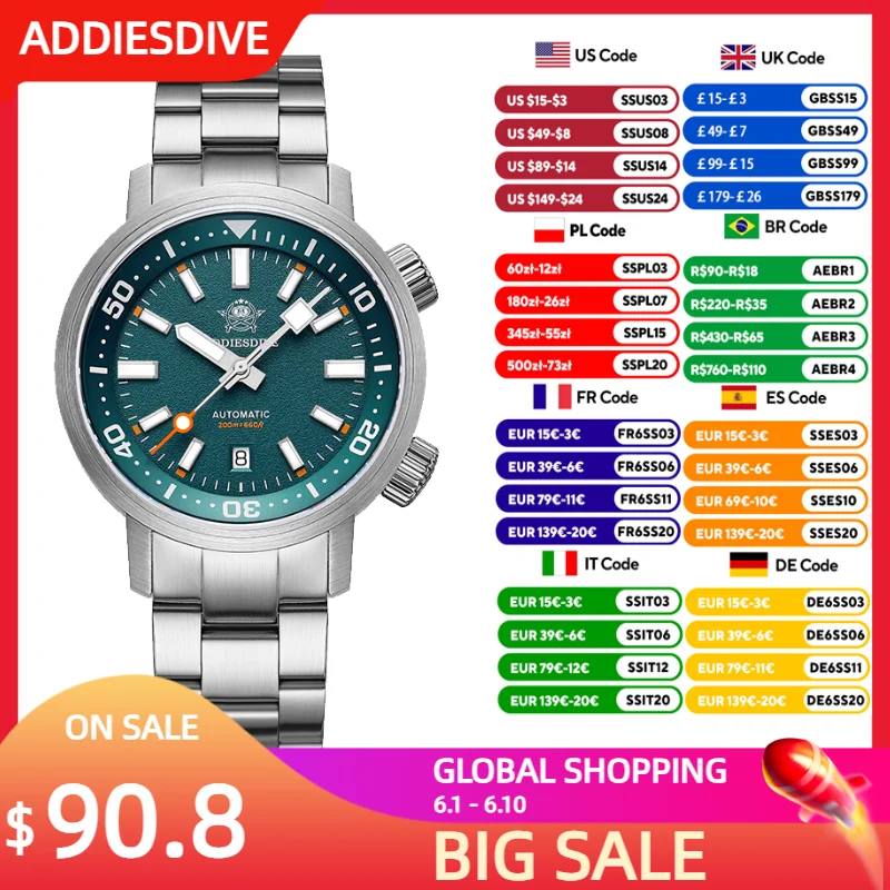 

ADDIESDIVE Watches Men 42mm 8215 Mechanical Wristwatch Sapphire Automatic Watch Transparent Back Cover 200m Waterproof Luminous