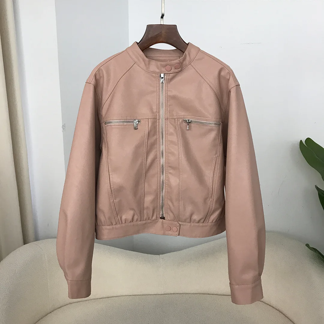 2024 Round neck short leather jacket for women Spring and Autumn new Korean version loose, fashionable, versatile, slimming PU