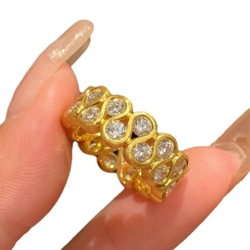Vintage brushed inlay diamond rings for women classic fashion double row round wide ring Couple style wedding banquet jewelry
