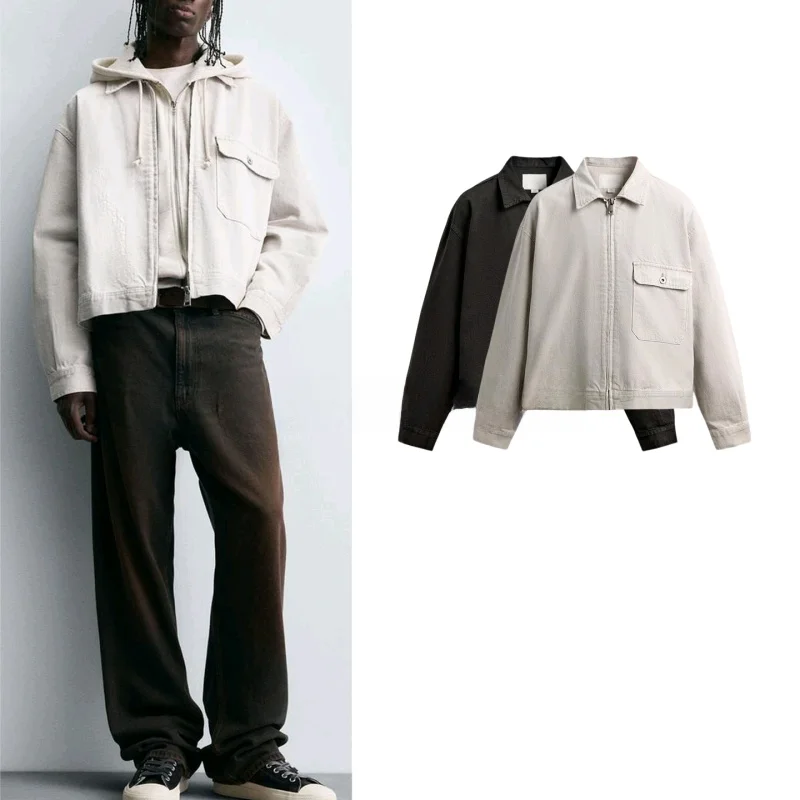 

Loose Fit Long Sve Denim Jaet Men's Autumn New Arrival Waed Color Collar Stand up Casual Sle Zipper Closure