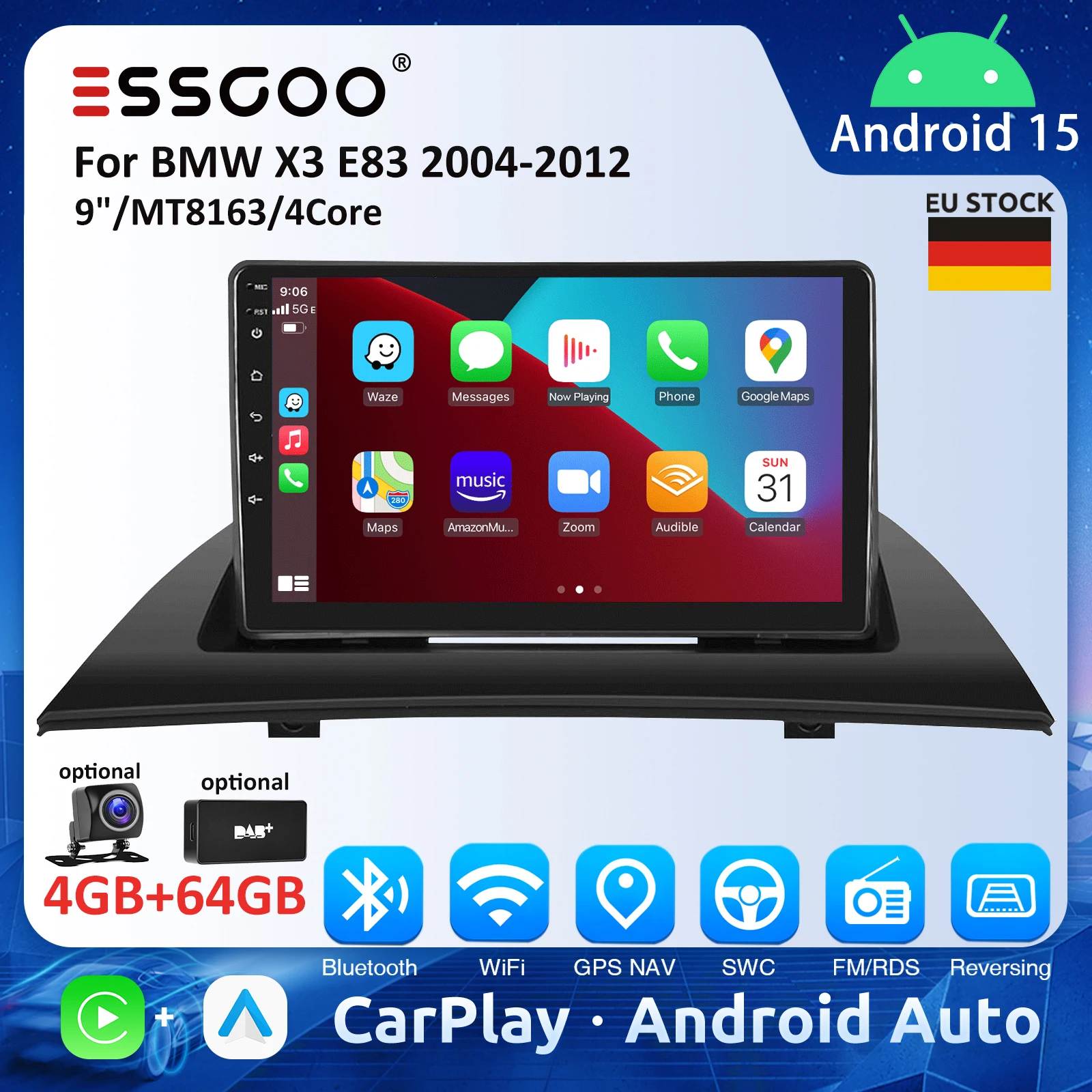 Autoradio ESSGOO 9 pouces pour BMW X3 E83 2004-2012, Android Auto, Carplay, autoradio 4 Go 64 Go, GPS, lecteur multimédia automobile, avec cadre
