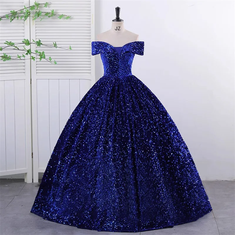 Real Photo Elegant Off Shoulder Sequined Blue Quinceanera Dresses Sexy V Nedck For Party Prom Dress Ball Gown Vintage Plus Szie